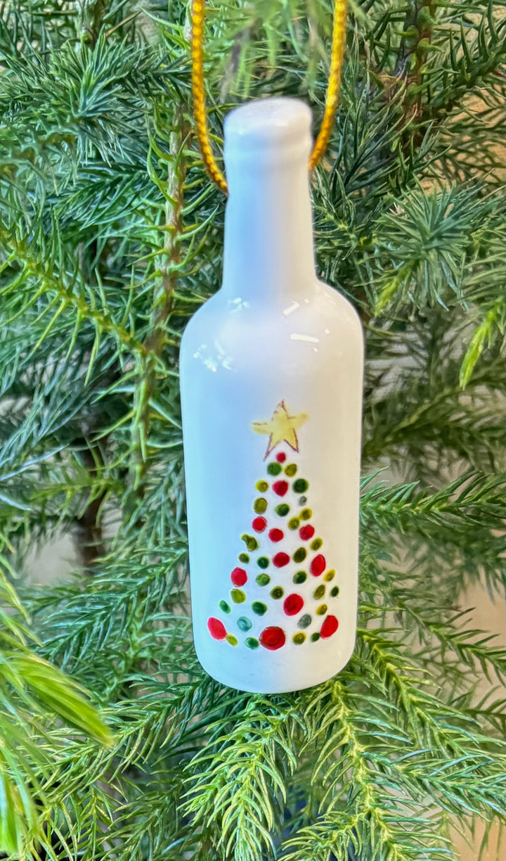 White Porcelain Wine Bottle Ornament – 3.25" Hand-Painted Christmas Tree