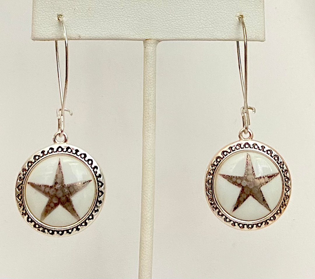 Star Earrings porcelain pendants in a stainless steel bezel star lover jewelry