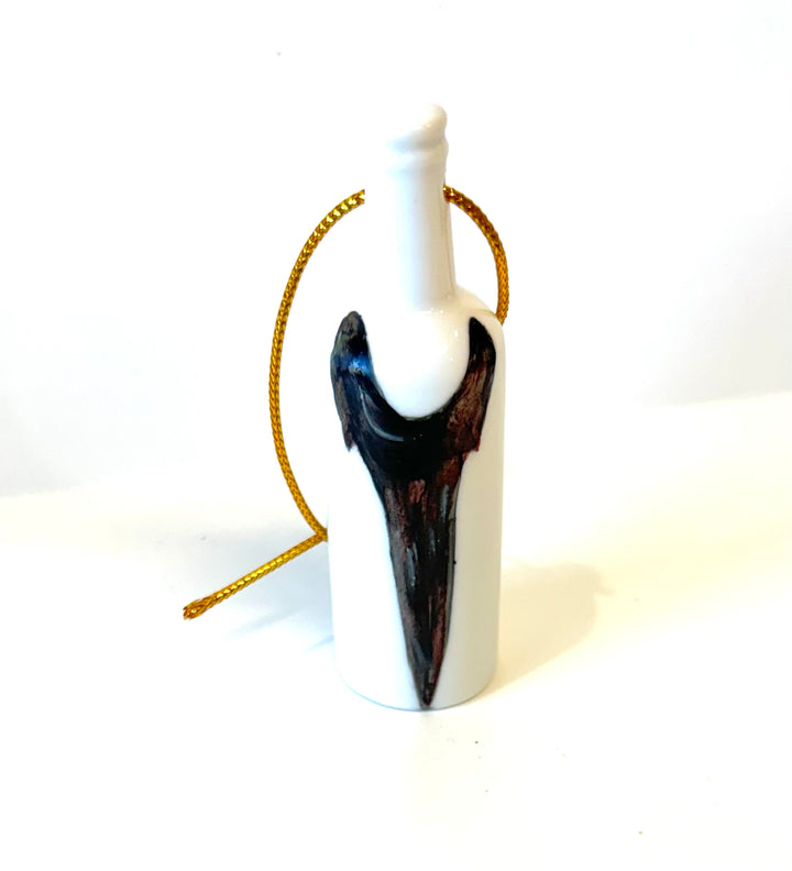 White Porcelain Wine Bottle Ornament – 3.25" Hand-Painted Shark Tooth