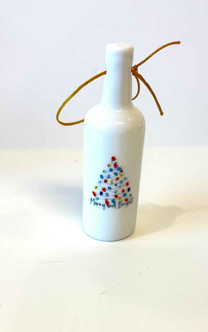 White Porcelain 3.25" Wine Bottle Ornament with a hand-painted Christmas Tree
