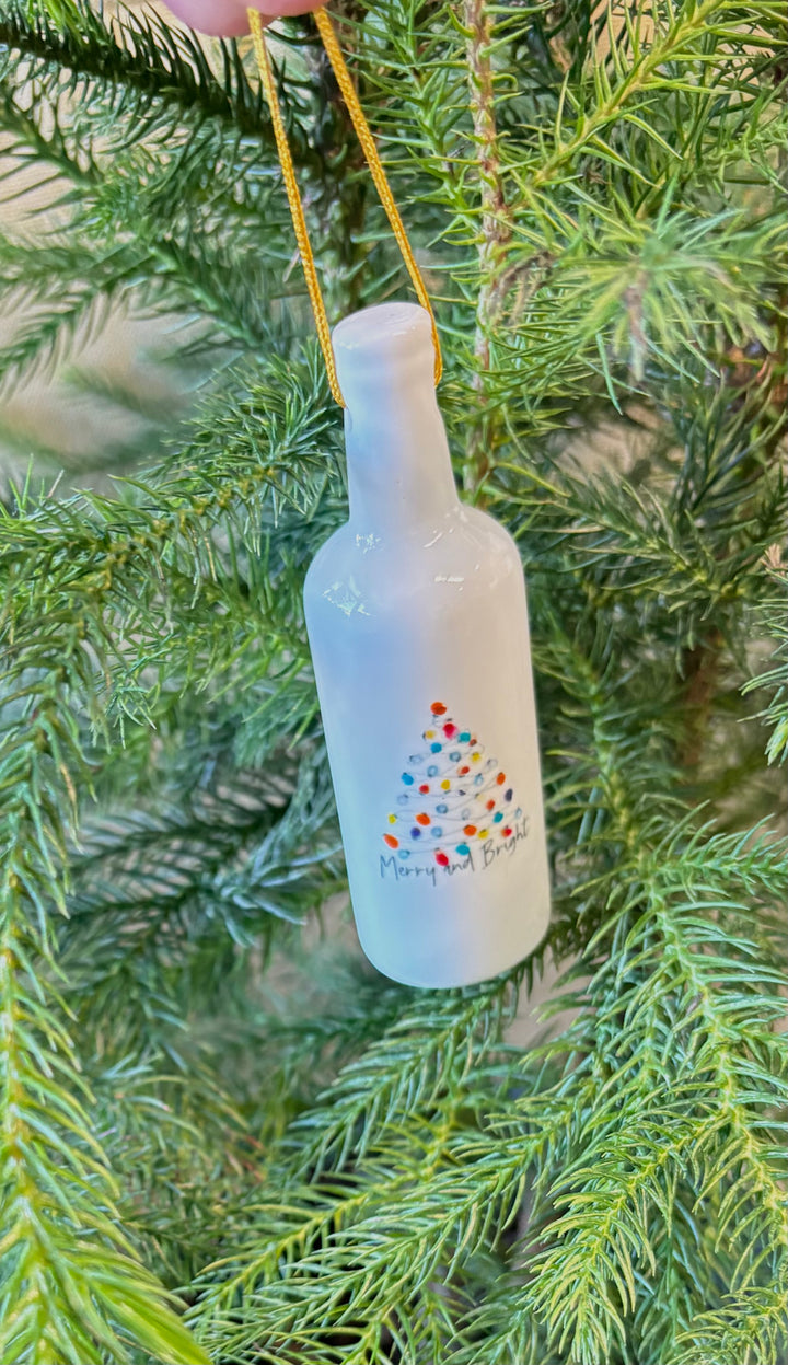 White Porcelain 3.25" Wine Bottle Ornament with a hand-painted Christmas Tree