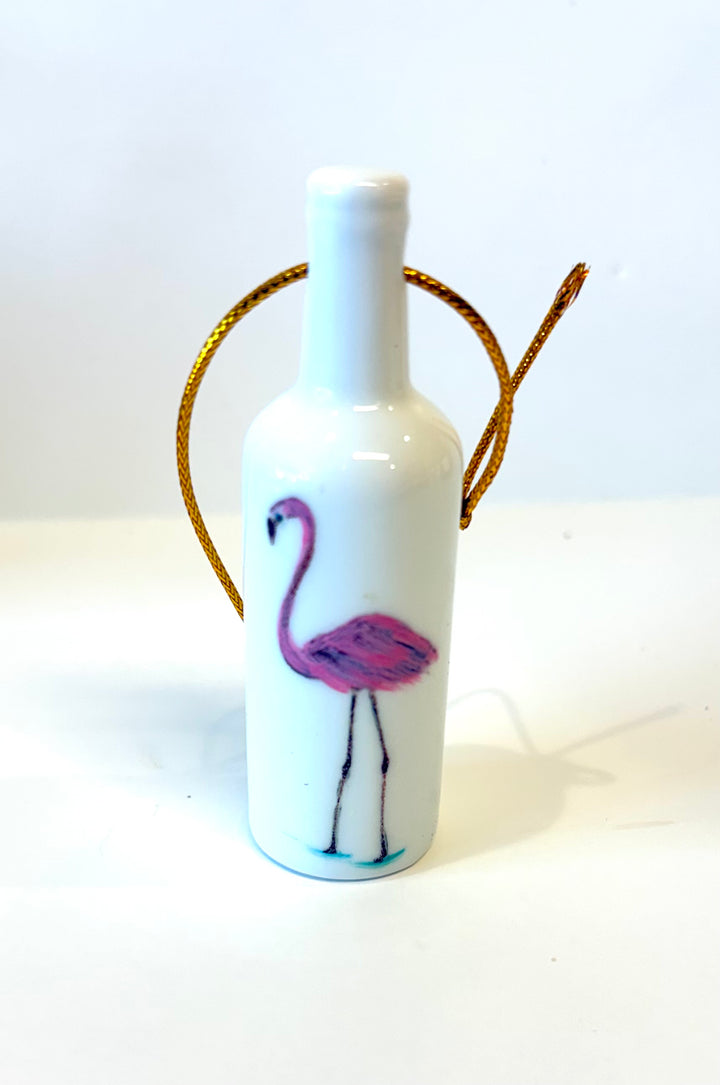 White Porcelain 3.25" Wine Bottle Ornament with a hand-painted Flamingo