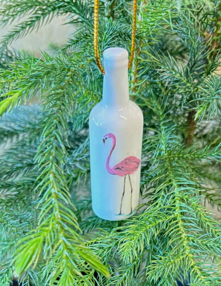 White Porcelain 3.25" Wine Bottle Ornament with a hand-painted Flamingo