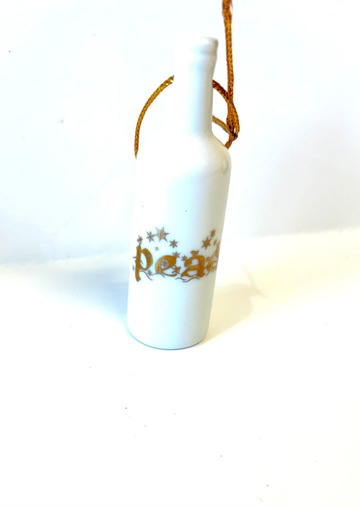 White Porcelain 3.25" Wine Bottle Ornament With The Word Peace in Gold