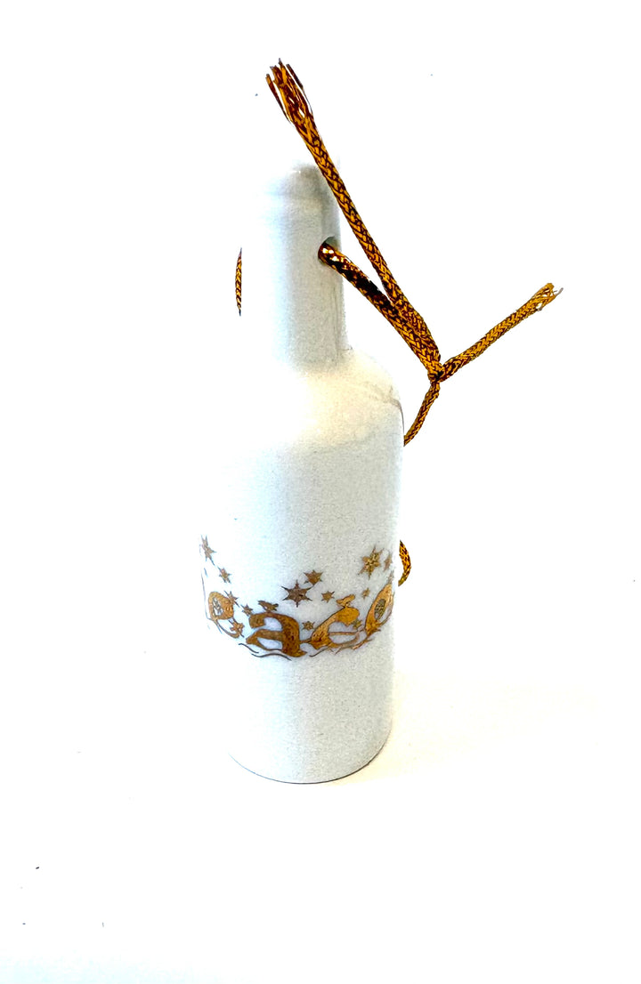 White Porcelain 3.25" Wine Bottle Ornament With The Word Peace in Gold