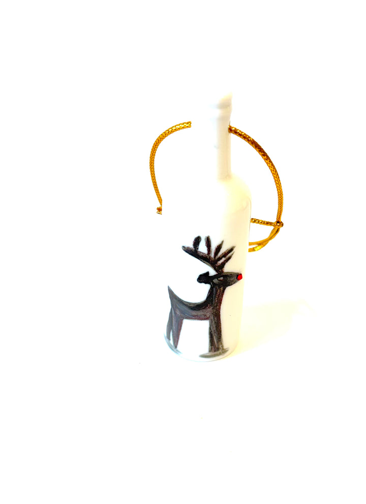 White Porcelain 3.25" Wine Bottle Ornament with a hand-painted Reindeer
