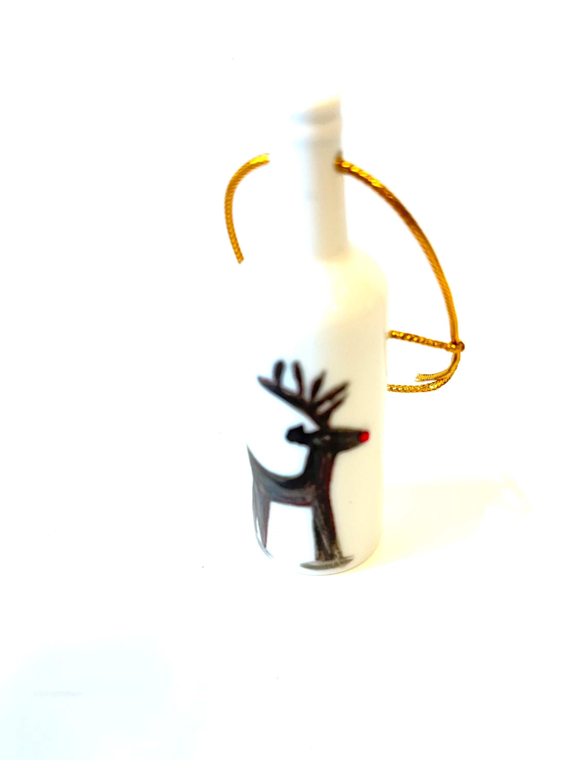 White Porcelain 3.25" Wine Bottle Ornament Hand-Painted Reindeer