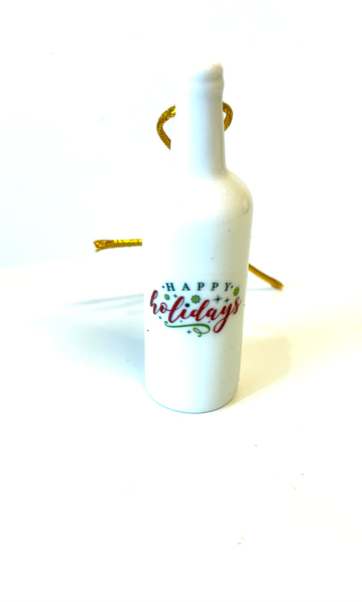 White Porcelain Wine Bottle Ornament – 3.25" Hand-Painted Happy Holidays