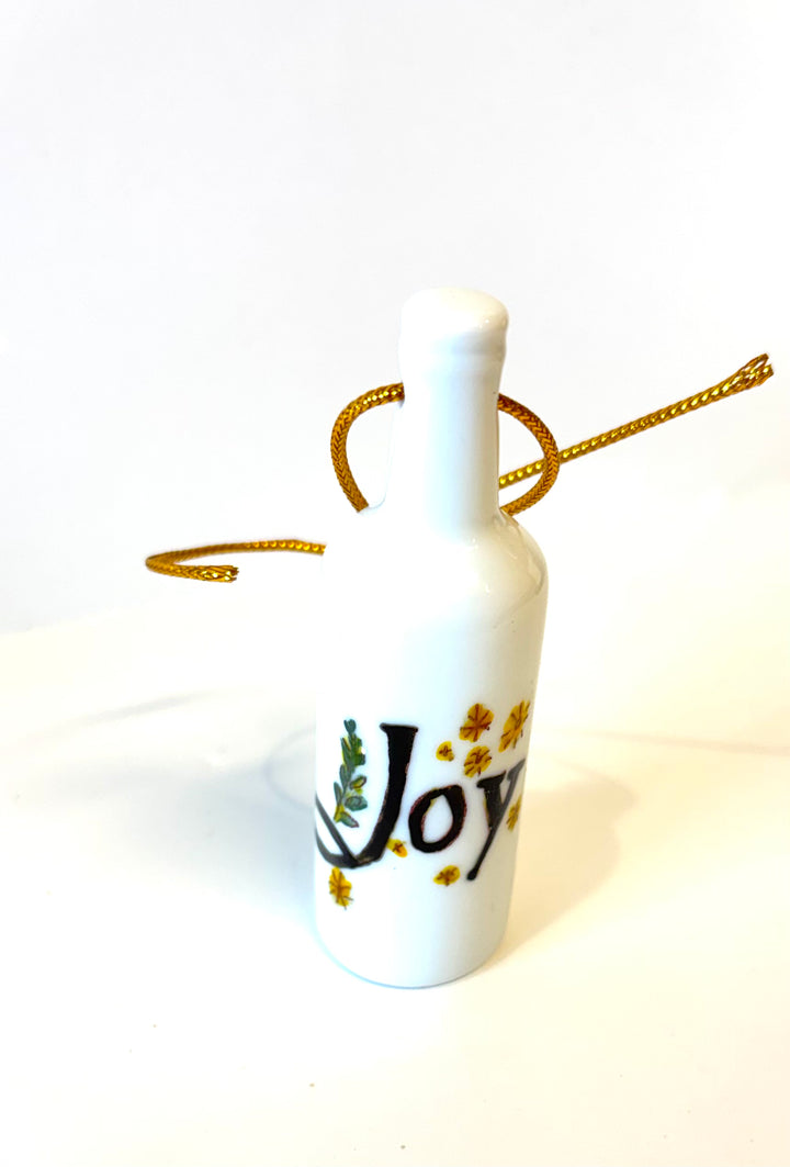 White Porcelain Wine Bottle Ornament – 3.25" Hand-Painted Word Joy