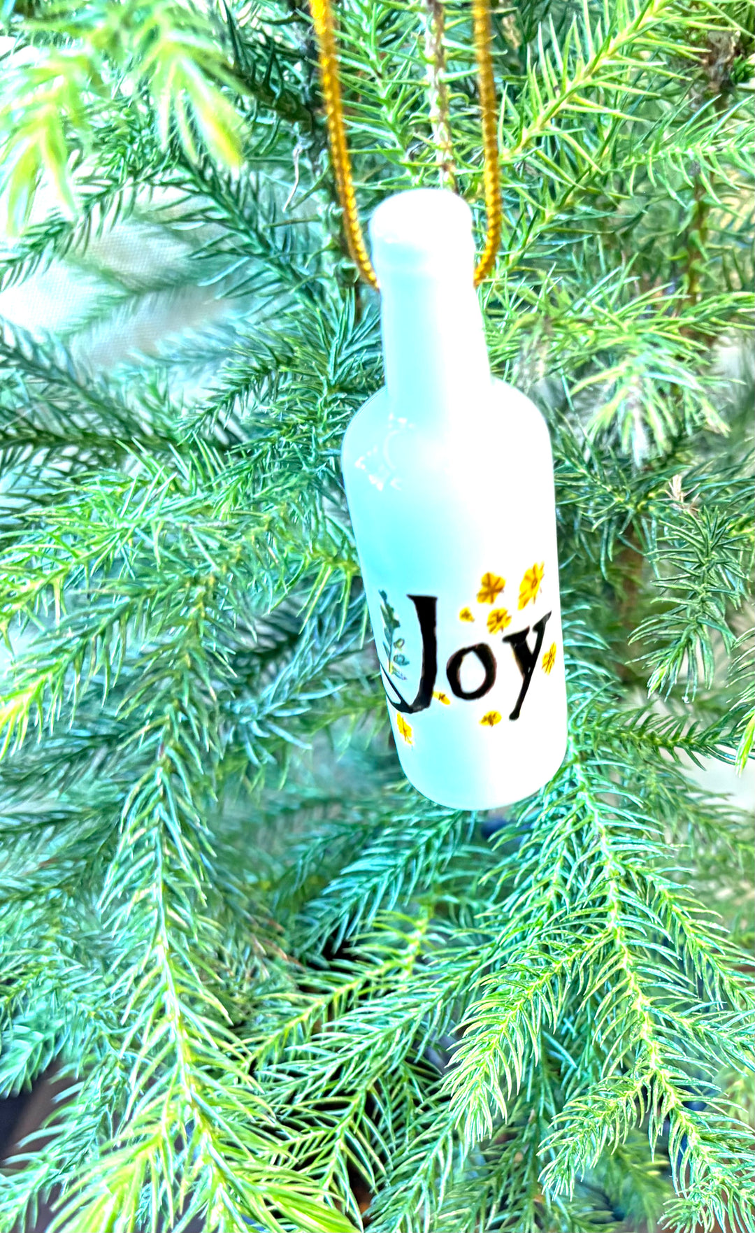 White Porcelain Wine Bottle Ornament – 3.25" Hand-Painted Word Joy