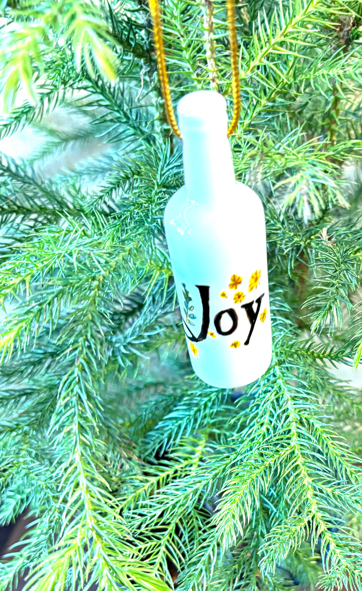 White Porcelain Wine Bottle Ornament – 3.25" Hand-Painted Word Joy