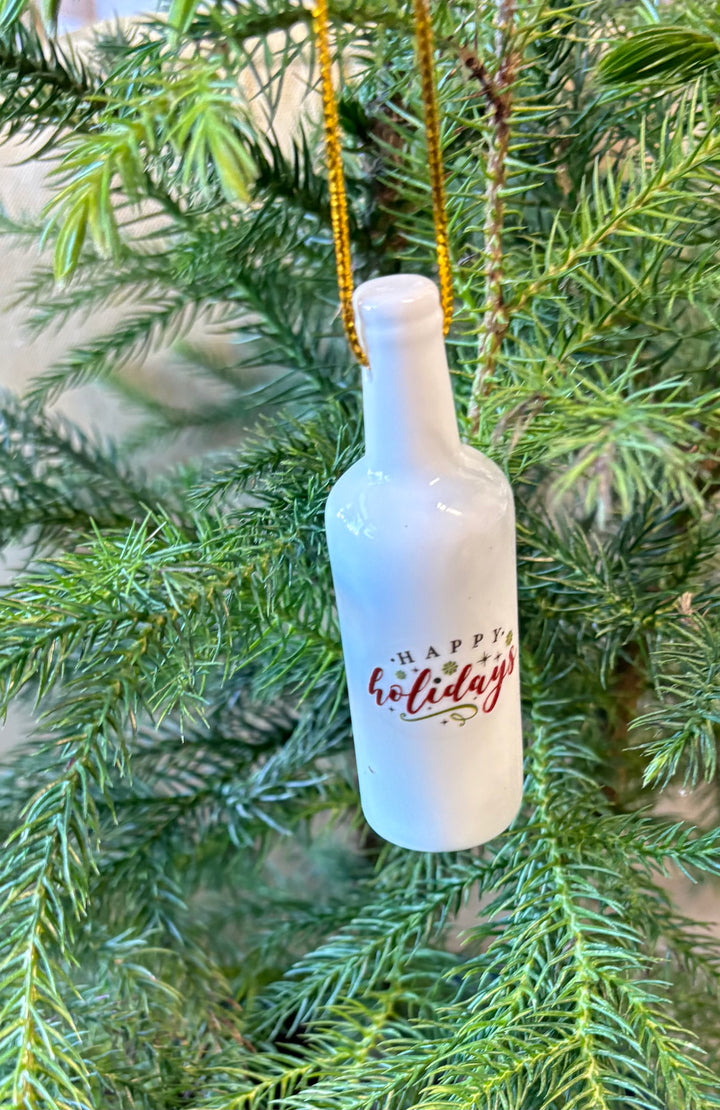 White Porcelain Wine Bottle Ornament – 3.25" Hand-Painted Happy Holidays
