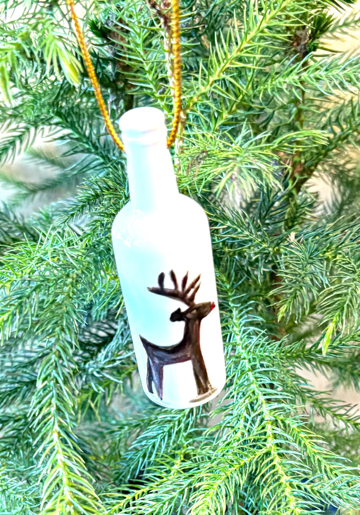 White Porcelain 3.25" Wine Bottle Ornament with a hand-painted Reindeer