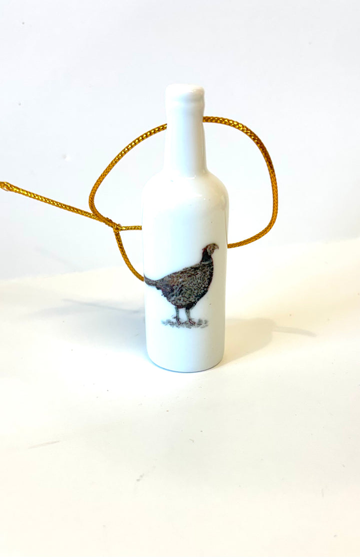 White Porcelain 3.25" Wine Bottle Ornament with a hand-painted Pheasant