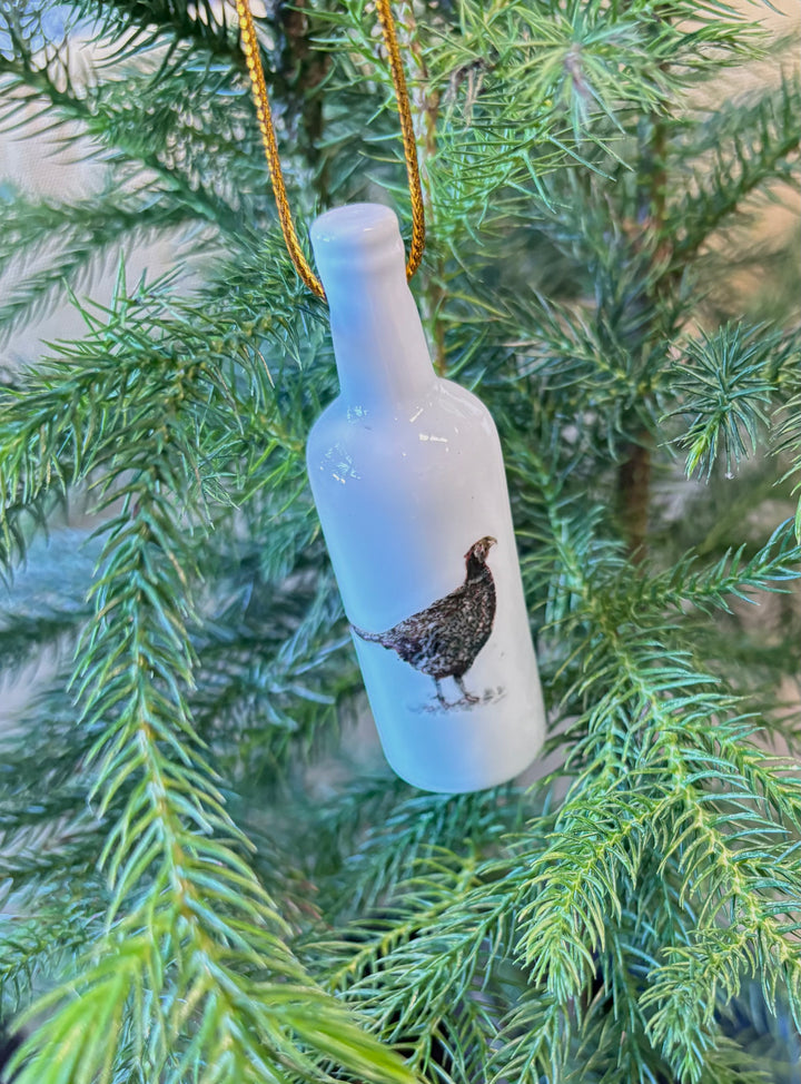 White Porcelain 3.25" Wine Bottle Ornament with a hand-painted Pheasant