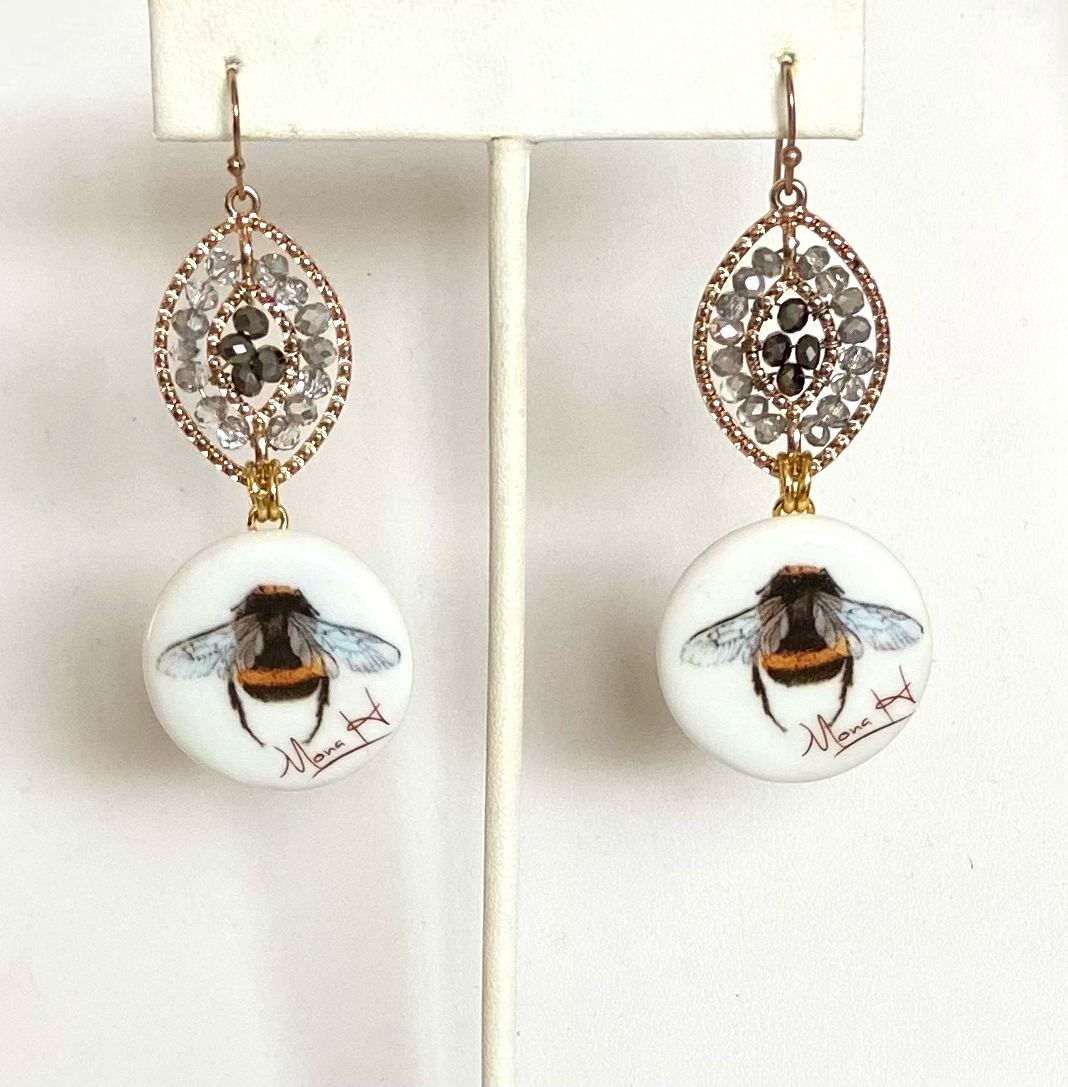 Bee porcelain pendant bling earrings
