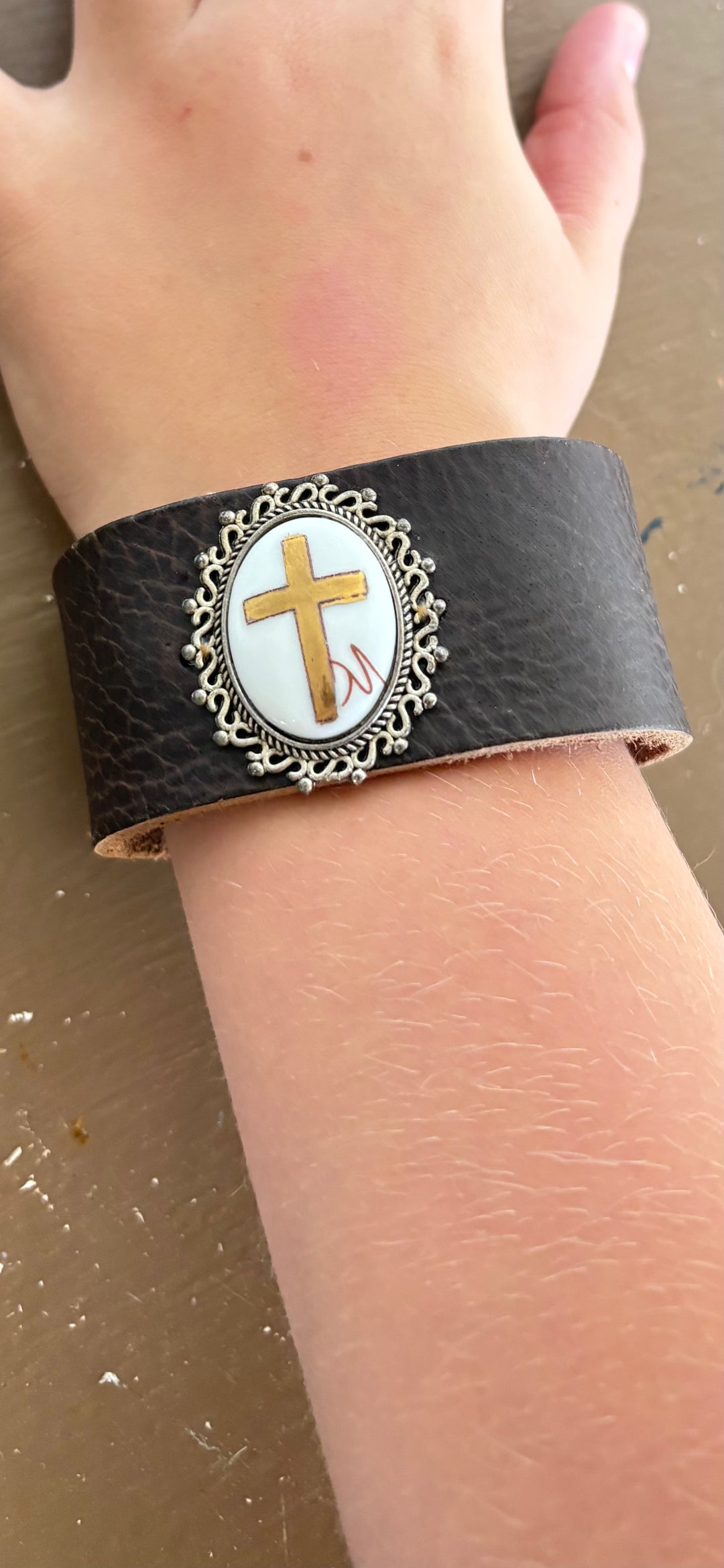 Gold Cross Pendant Leather Bracelet