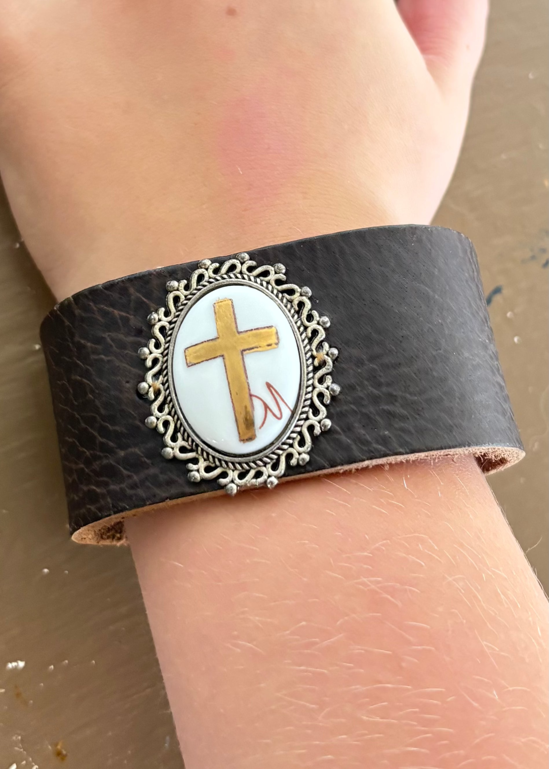 Gold Cross Pendant Leather Bracelet