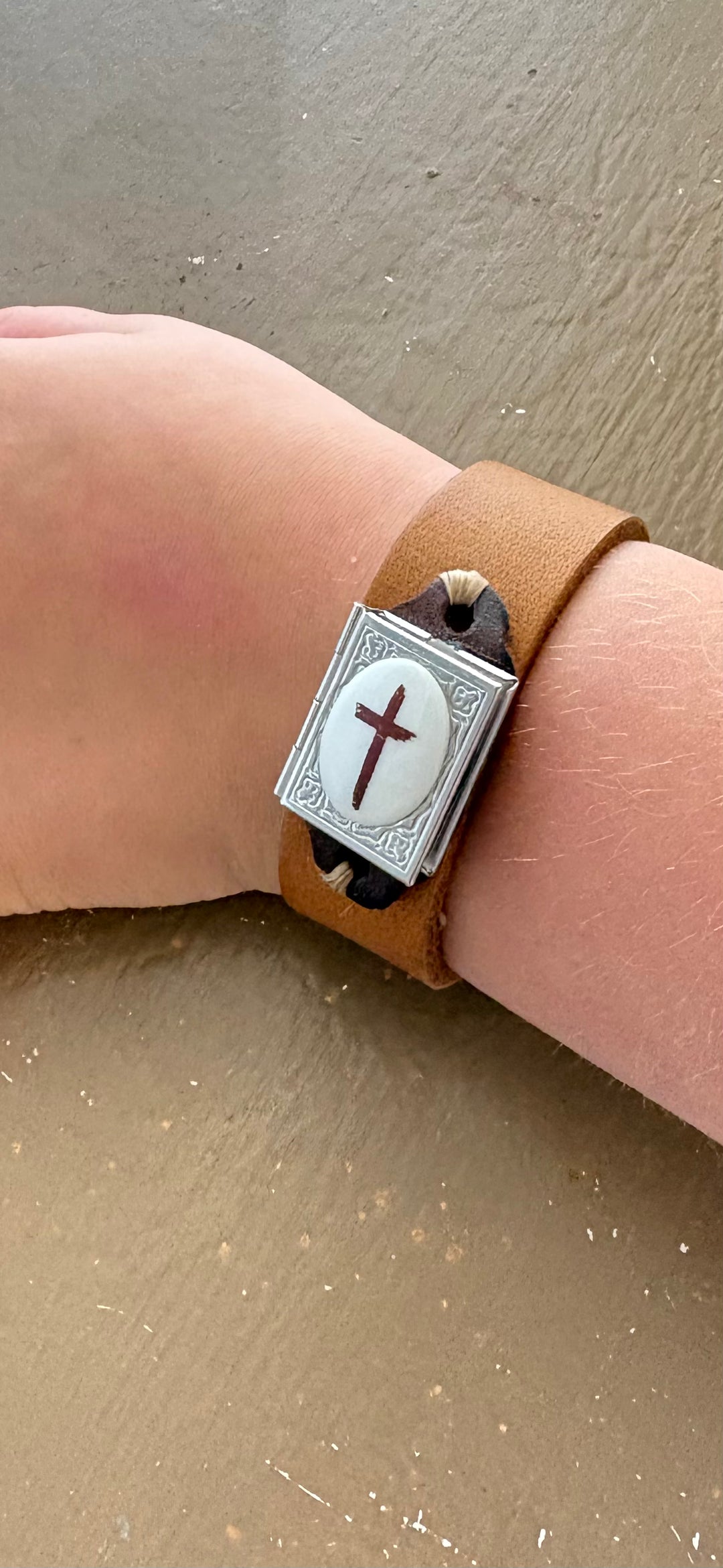 Locket Gold Cross Pendant Leather Bracelet