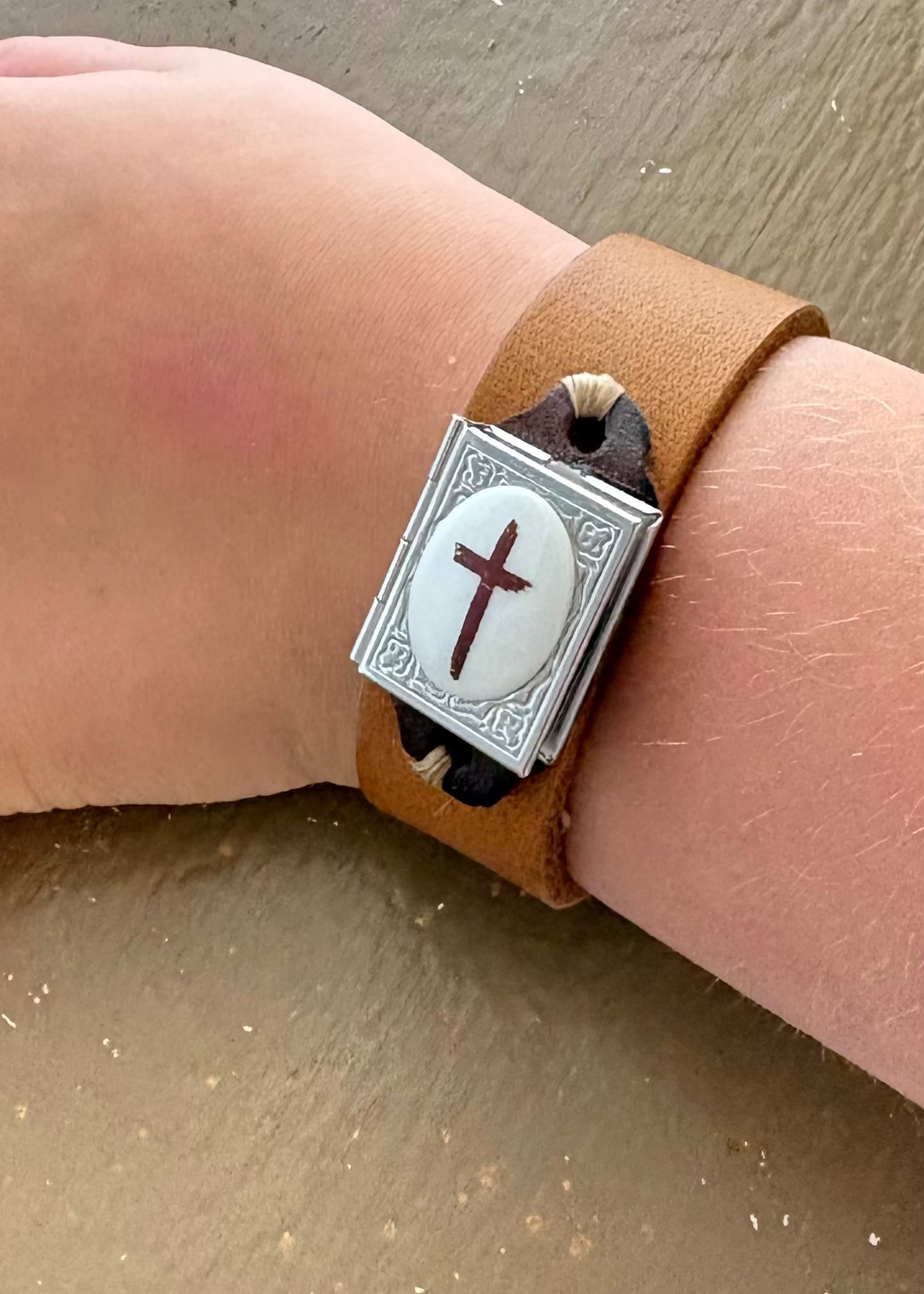 Locket Gold Cross Pendant Leather Bracelet
