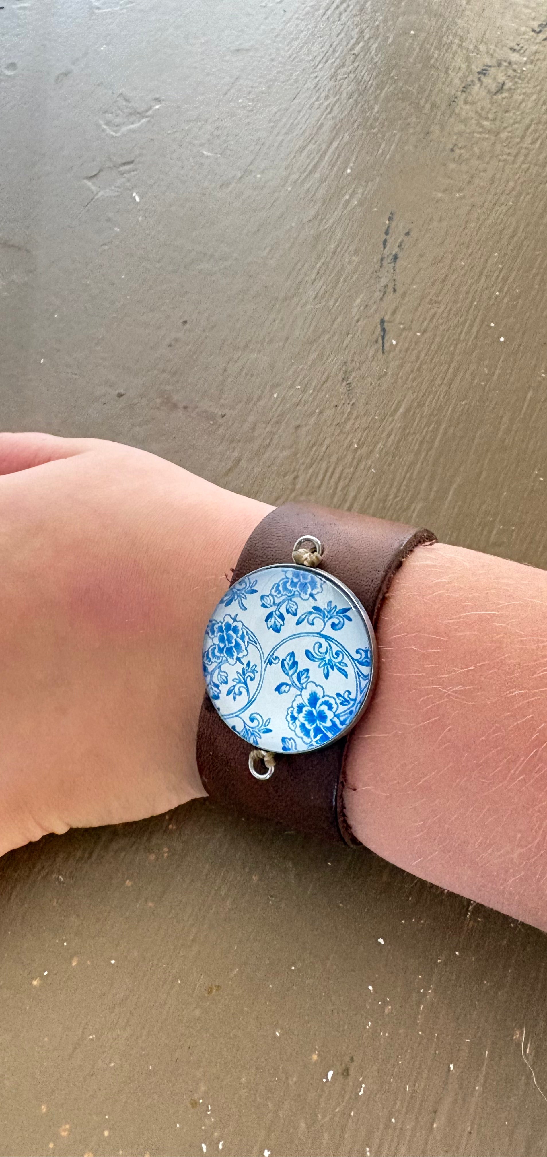 Blue and White Bezel Design leather Bracelet