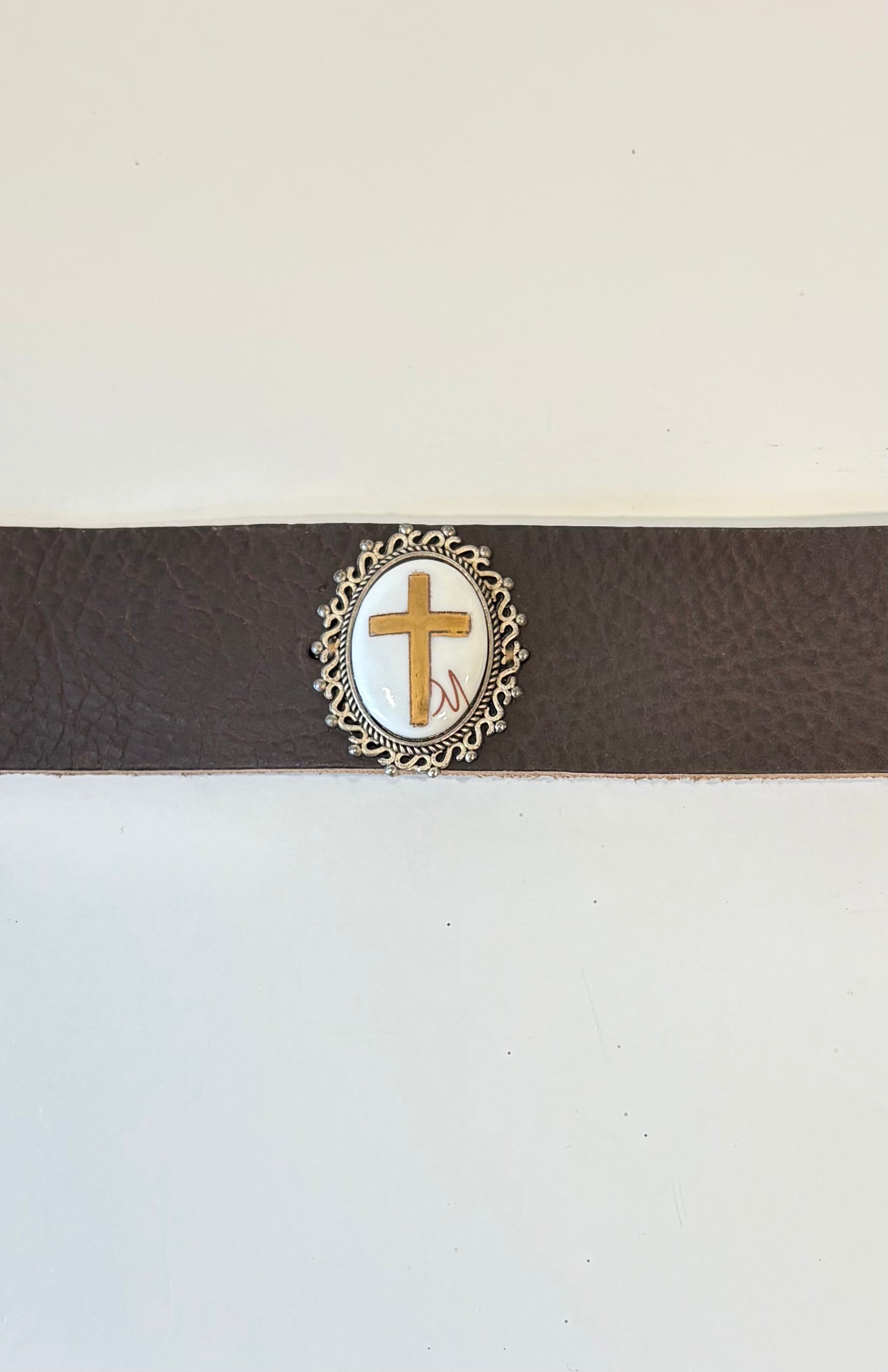 Gold Cross Pendant Leather Bracelet