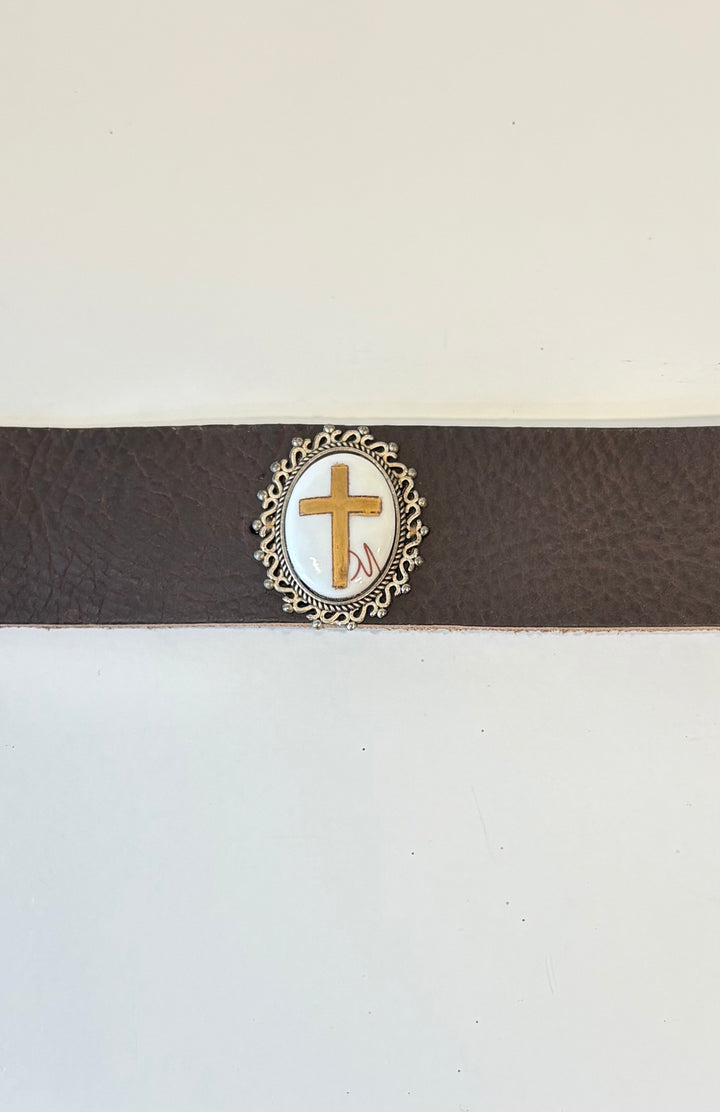 Gold Cross Pendant Leather Bracelet