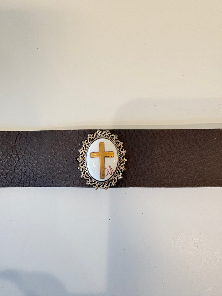 Gold Cross Pendant Leather Bracelet