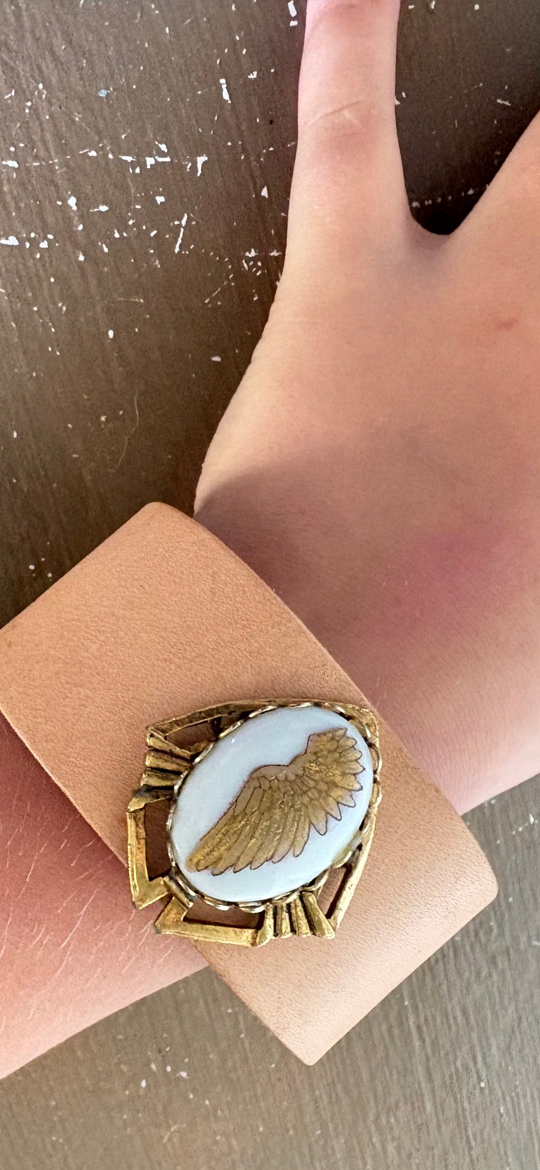 Gold Wing Pendant Wide Leather Wrap Bracelet