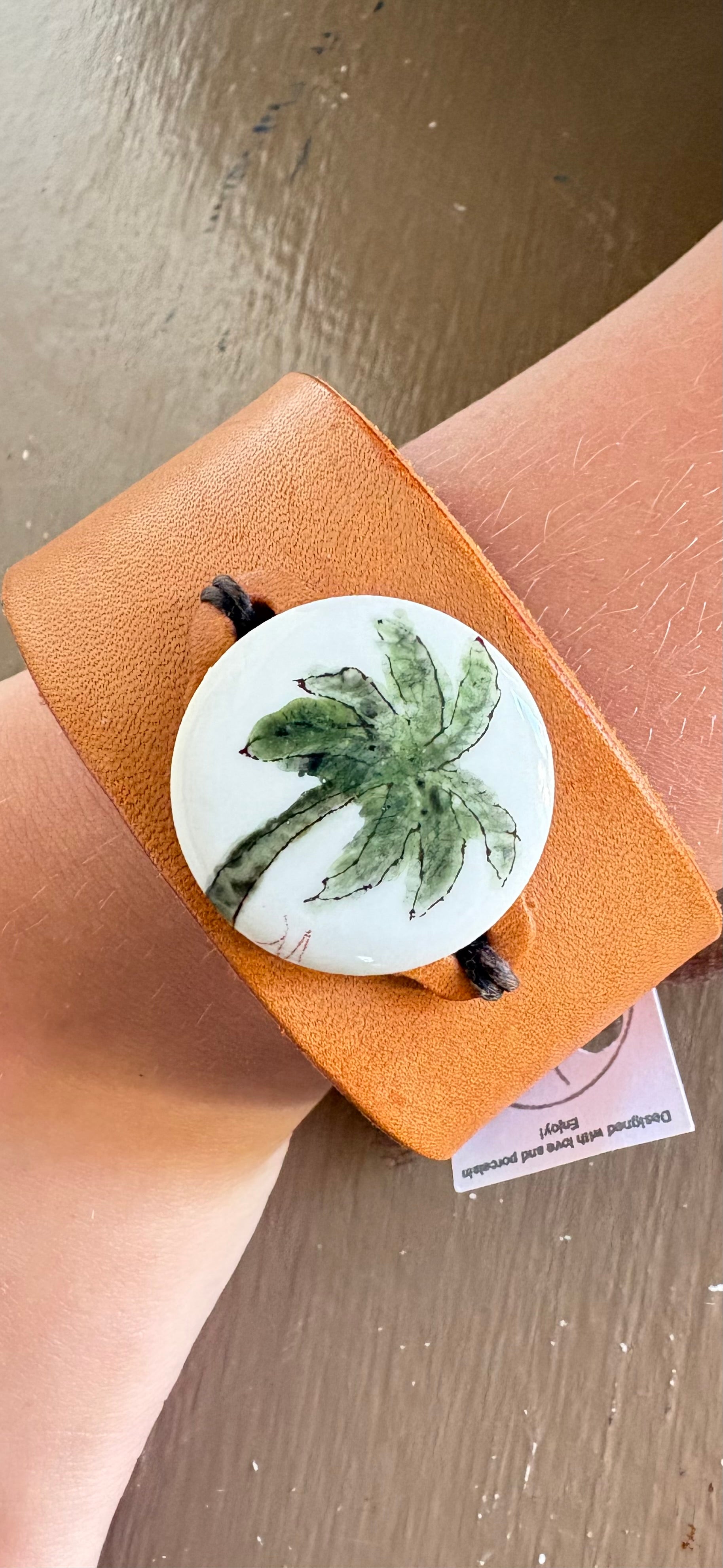 Palm Tree Porcelain Pendant Leather Bracelet