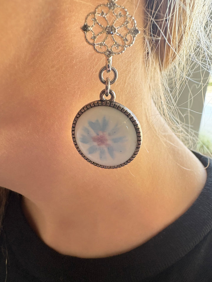 Blue Floral Porcelain Pendant Silver Earrings