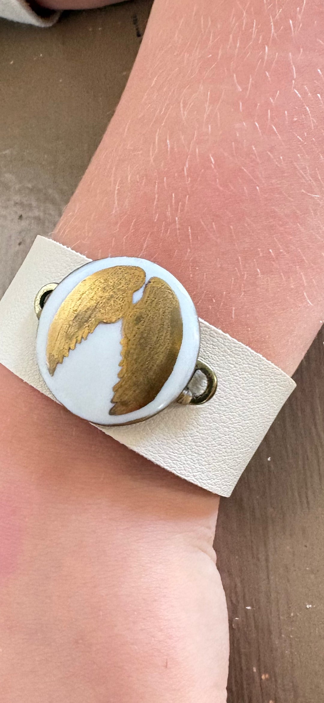 Gold Angel Wings Porcelain Pendant Leather Bracelet