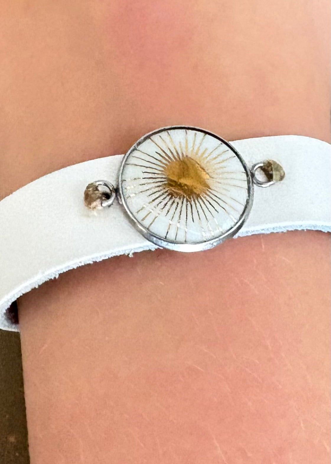 Gold Starburst Pendant White Leather Wrap Bracelet