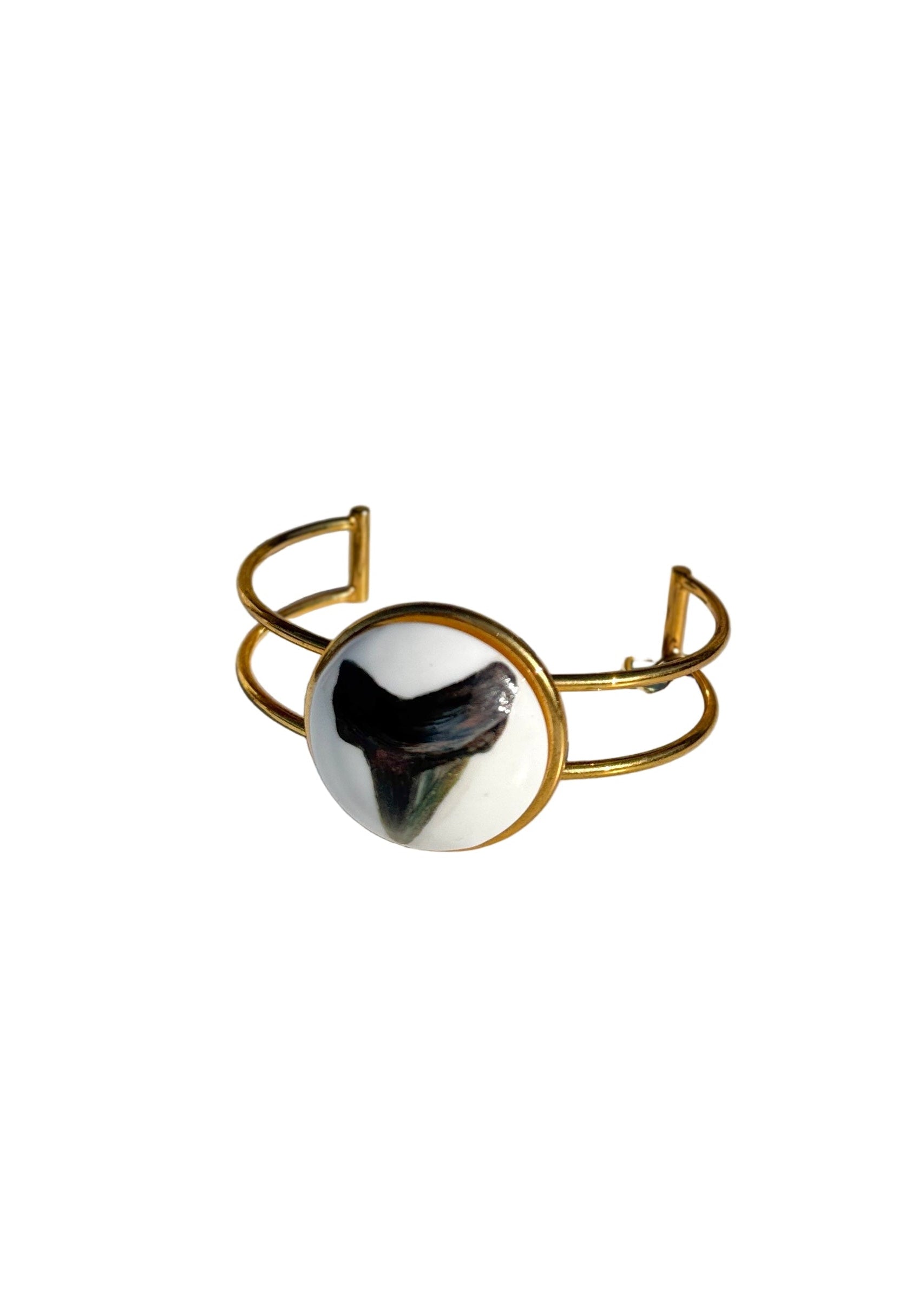 Shark Tooth Porcelain Pendant Gold Cuff Adjustable Bracelet