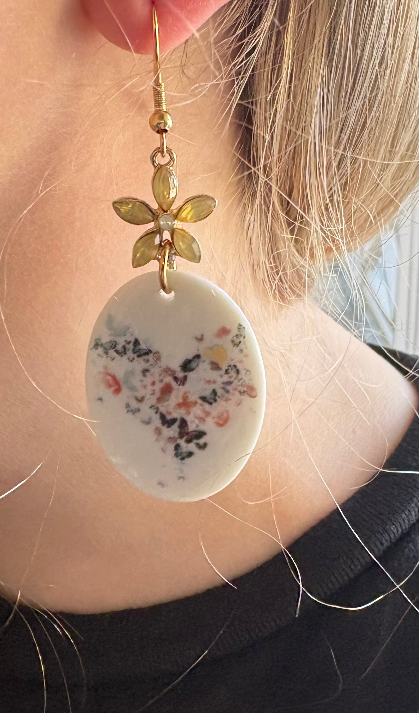 Floral Heart Porcelain Pendant Earrings Gold Floral Studs