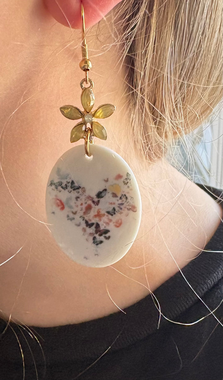 Floral Heart Porcelain Pendant Earrings Gold Floral Studs