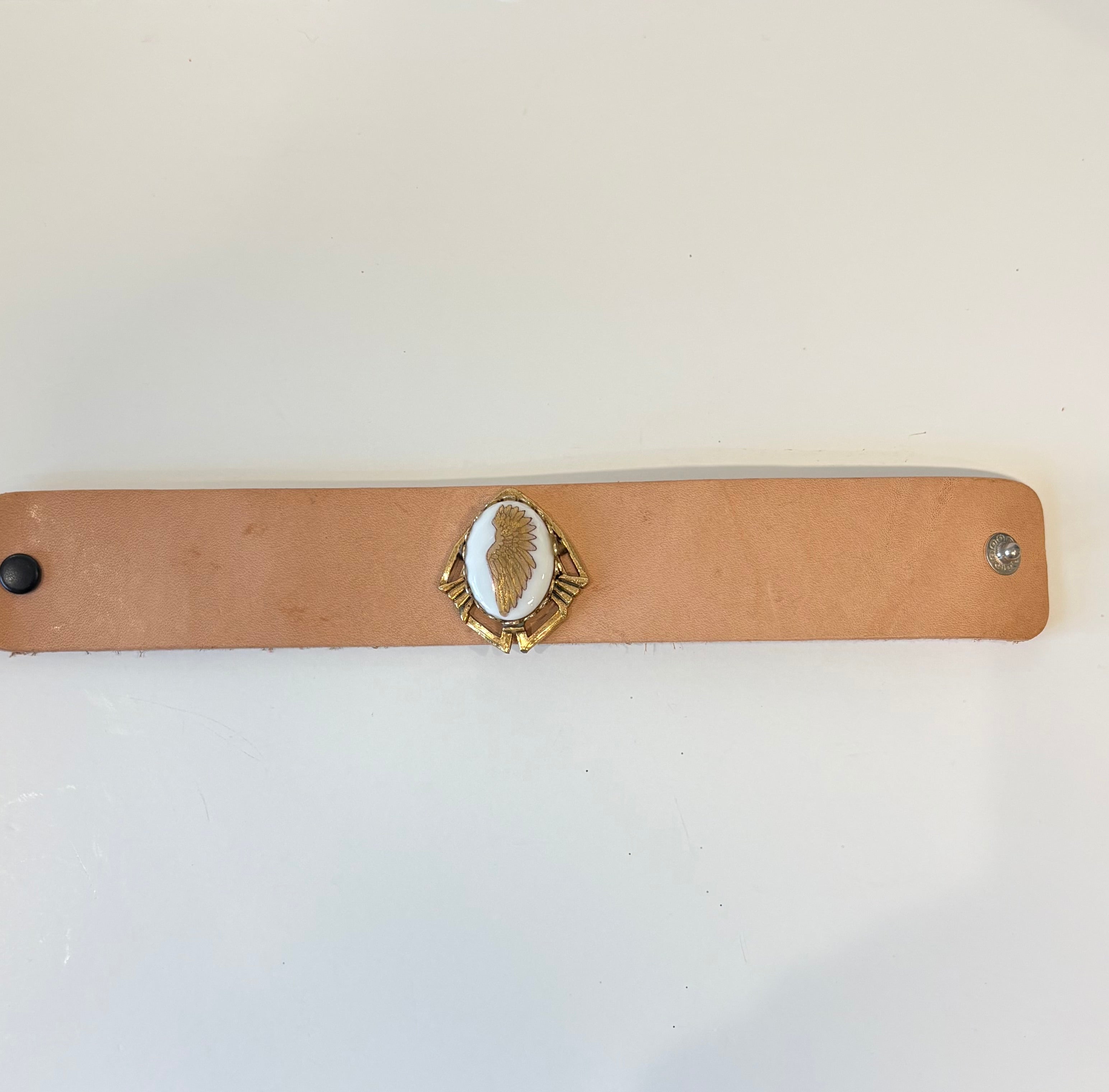 Gold Wing Pendant Wide Leather Wrap Bracelet