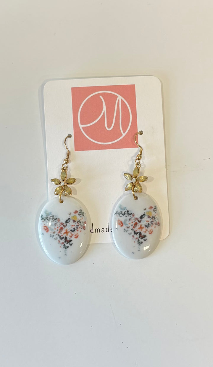 Floral Heart Porcelain Pendant Earrings Gold Floral Studs