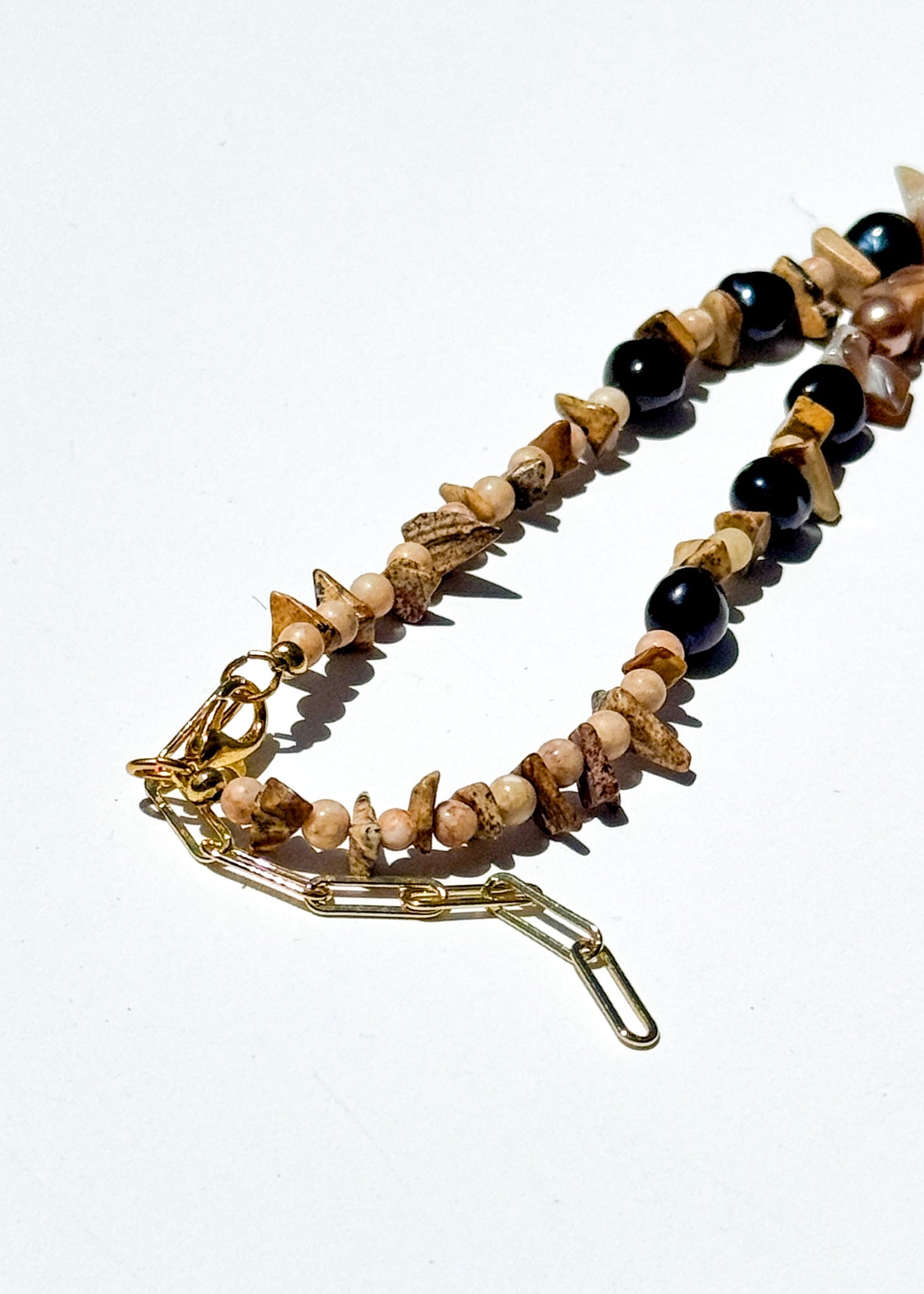 Gold Seashell Porcelain Pendant Bezel Beaded Necklace
