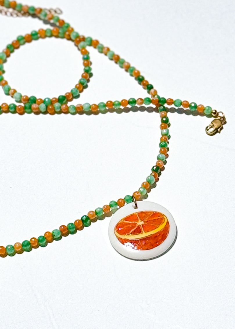 Orange Slice Porcelain Pendant Beaded Necklace
