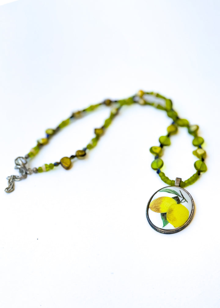 Lemon Porcelain Pendent Beaded Necklace Fruit Jewelry Nature Lover