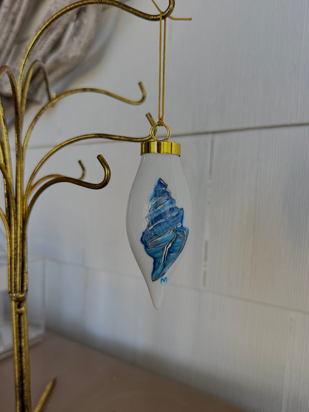 Blue Spiral Seashell Teardrop Porcelain Ornament