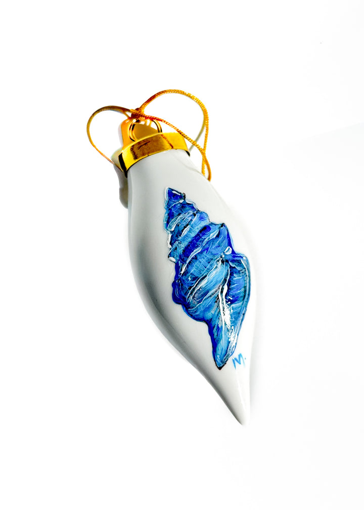Blue Spiral Seashell Teardrop Porcelain Ornament