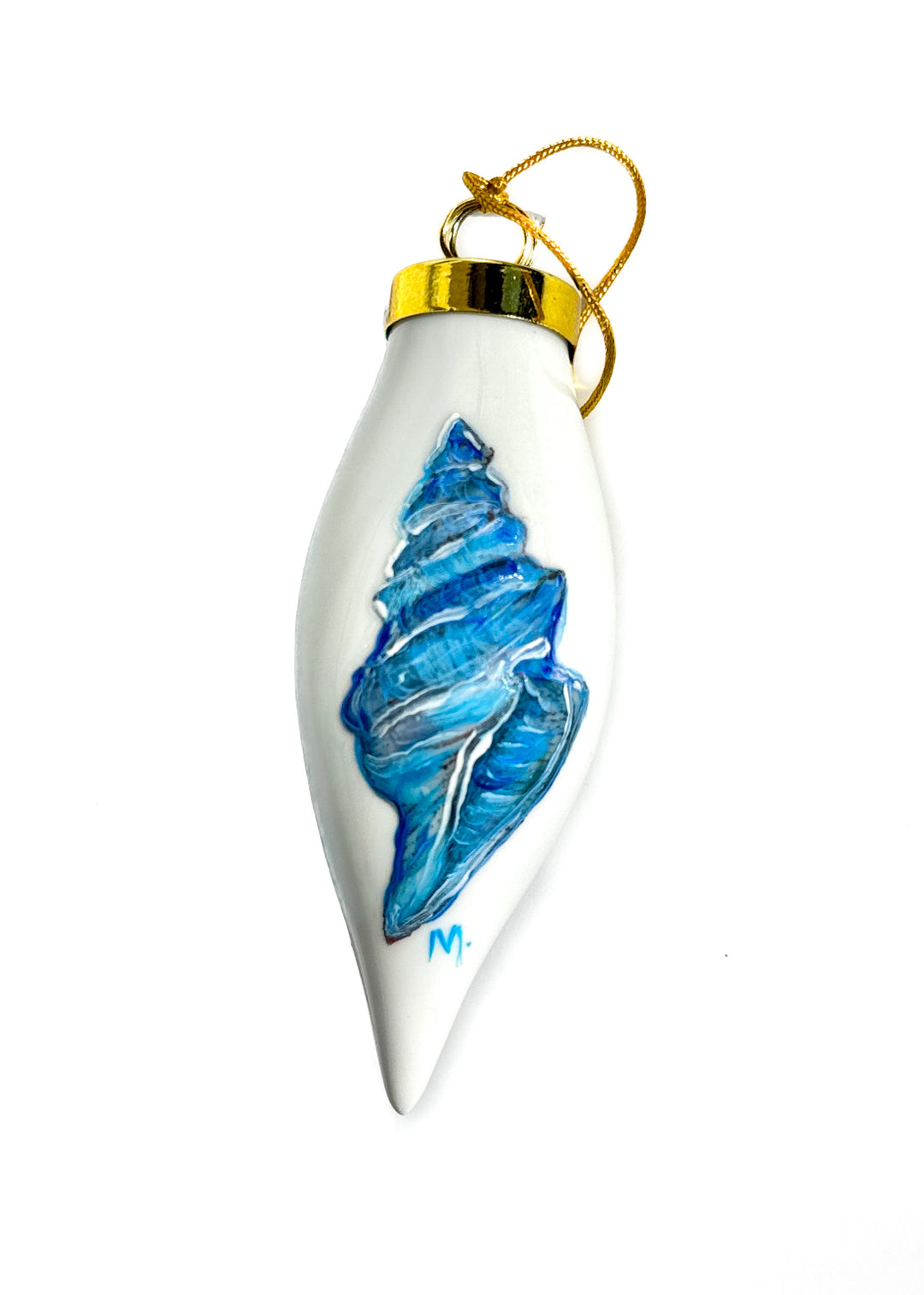 Blue Spiral Seashell Teardrop Porcelain Ornament