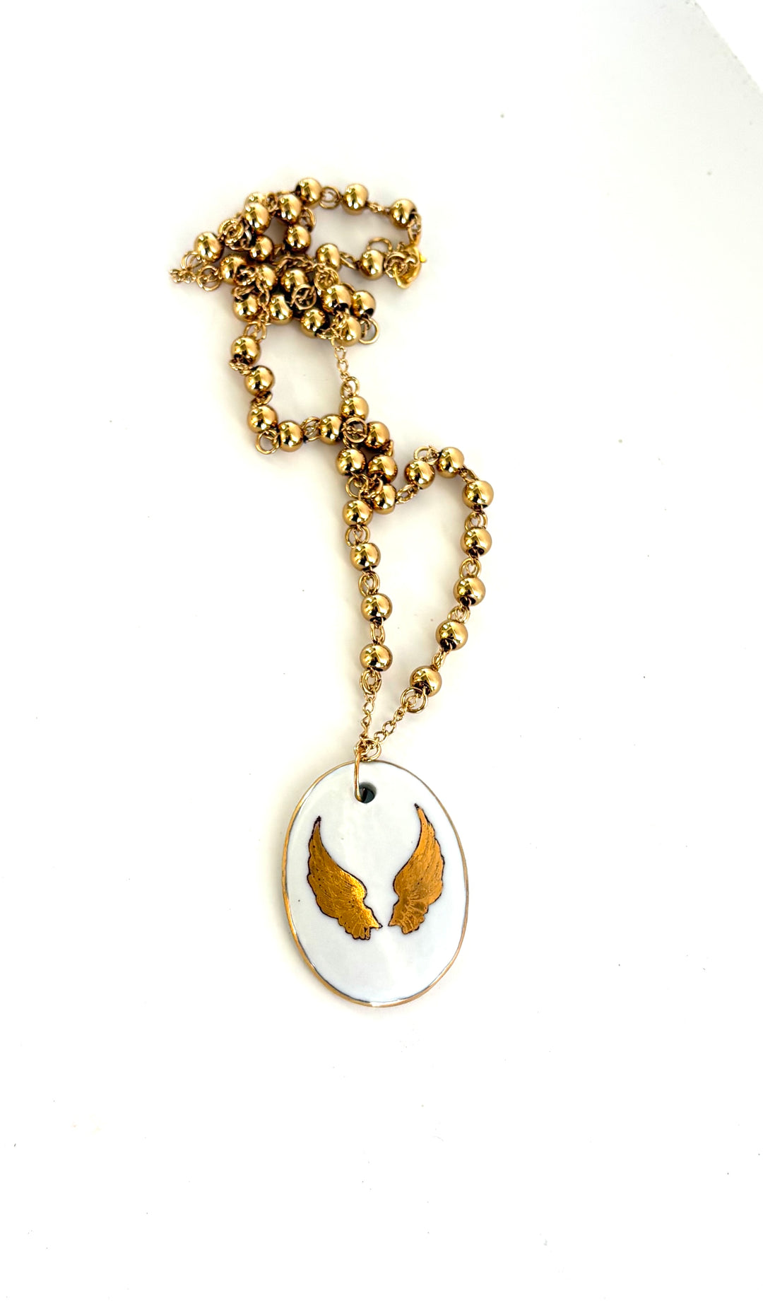 Angel Wing Porcelain Oval Pendant Gold Chain