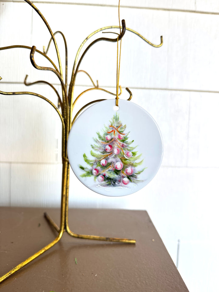 Hand-Painted Christmas Tree Round Porcelain Ornament