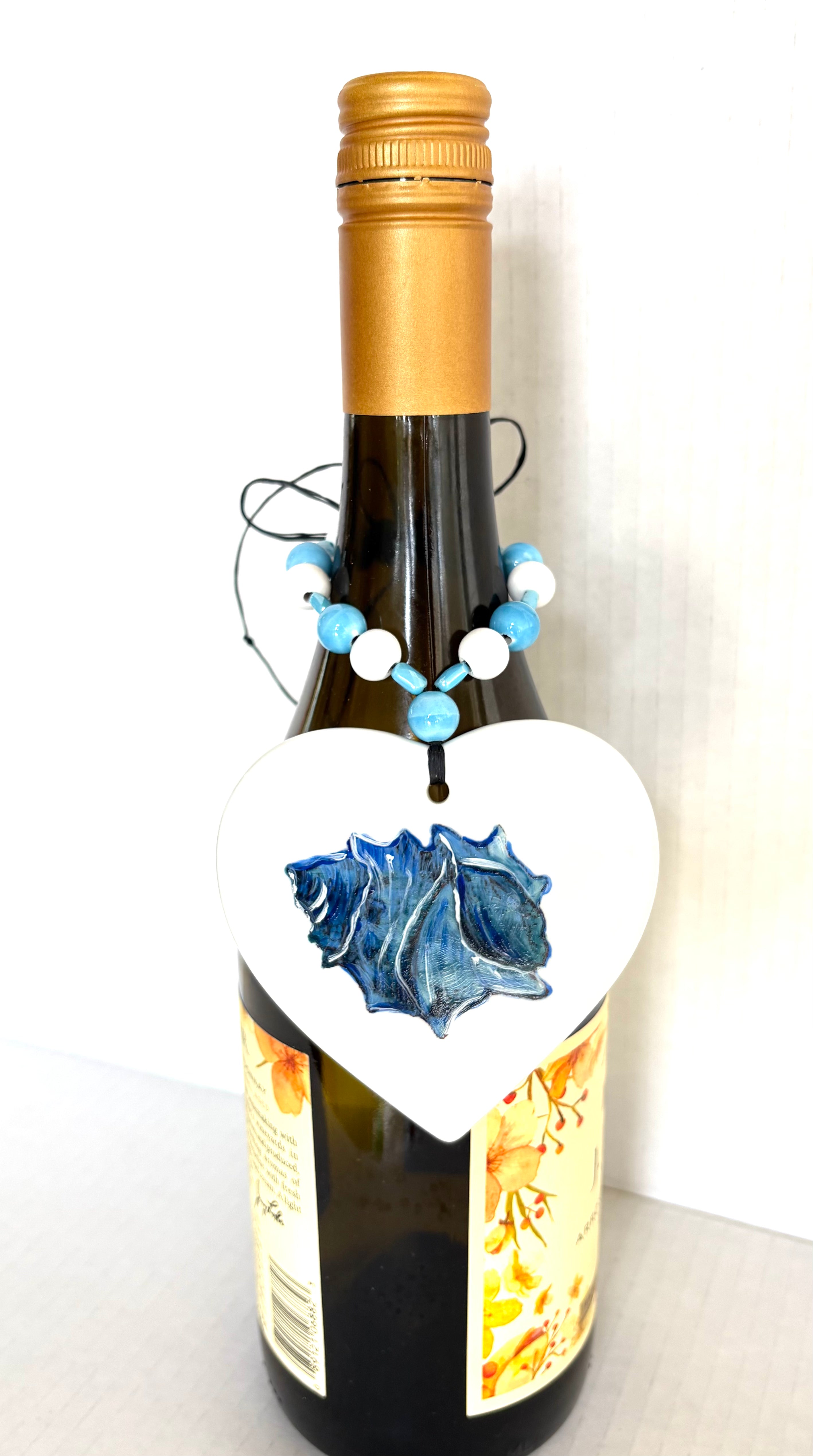 Porcelain Heart Beverage Tag with a Blue Shell Barware Drink Charms