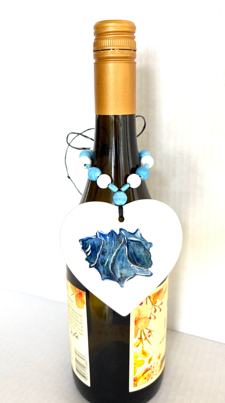 Porcelain Heart Beverage Tag with a Blue Shell Barware Drink Charms