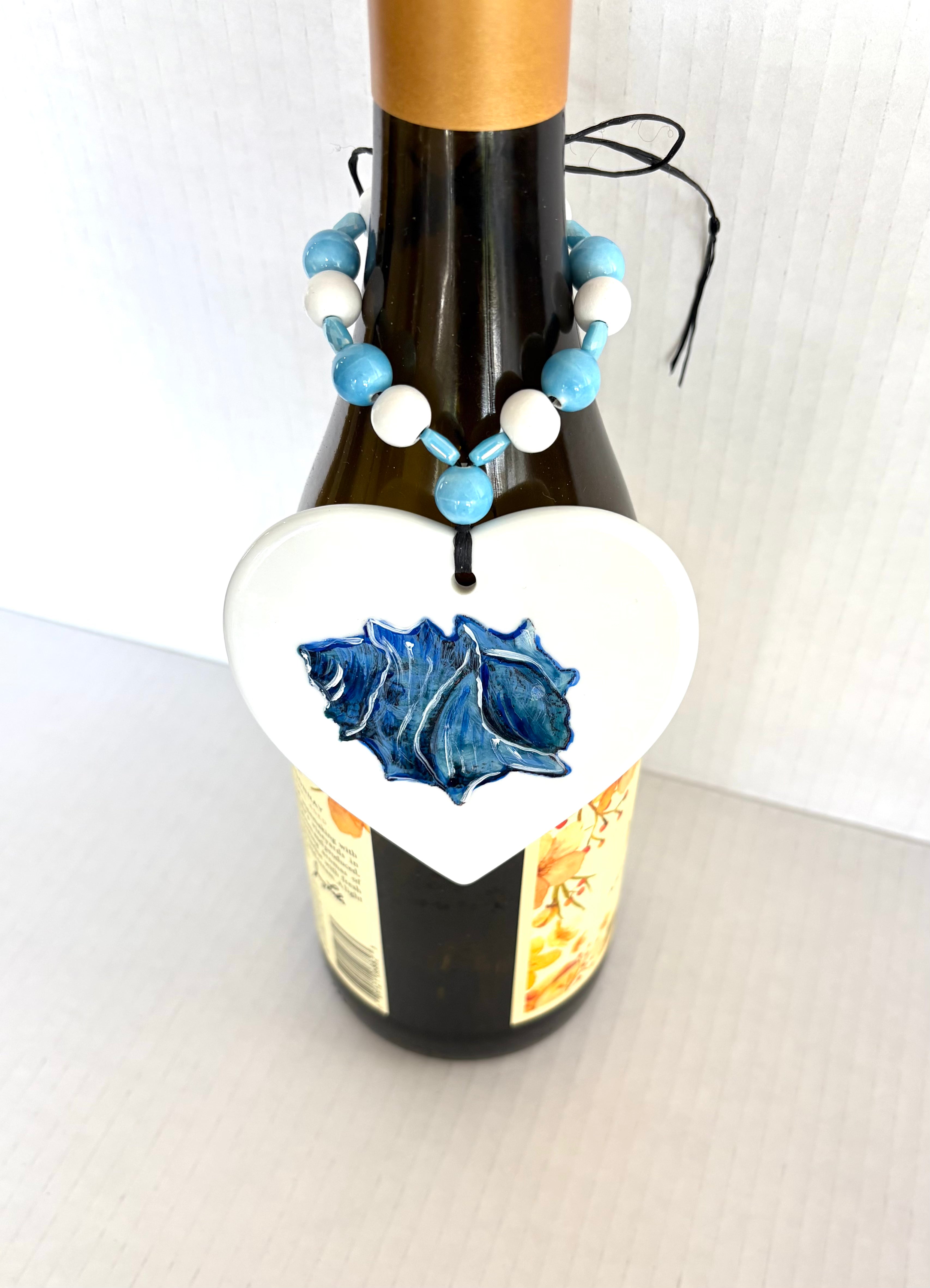 Porcelain Heart Beverage Tag with a Blue Shell Barware Drink Charms