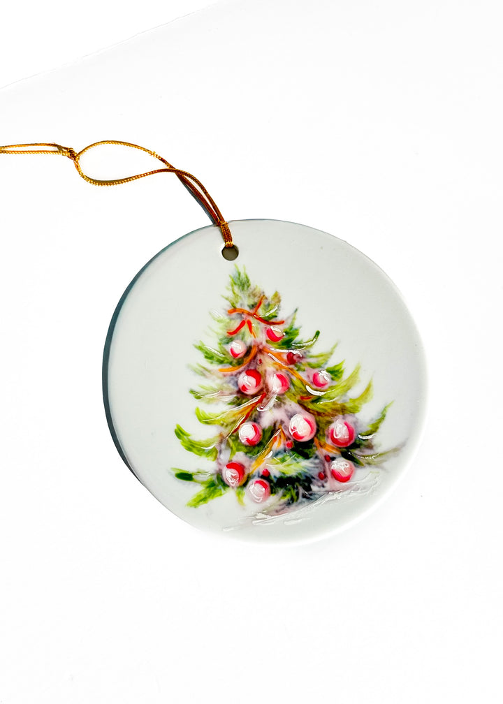 Hand-Painted Christmas Tree Round Porcelain Ornament